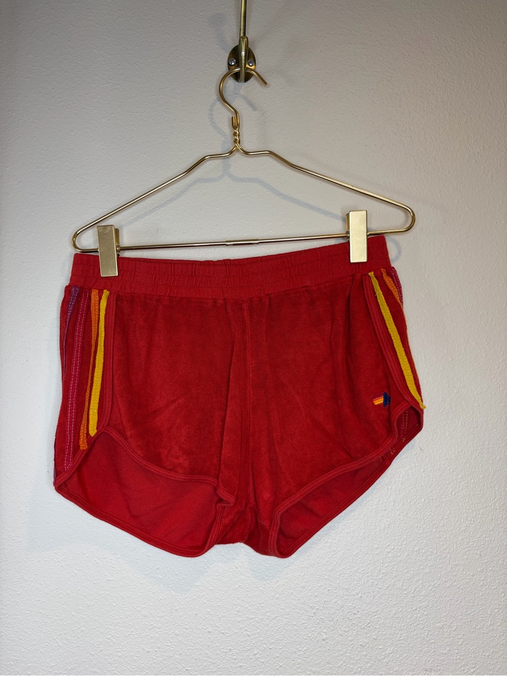 Aviator Nation Red Terry Athletic Shorts with Yellow & Pink Trim